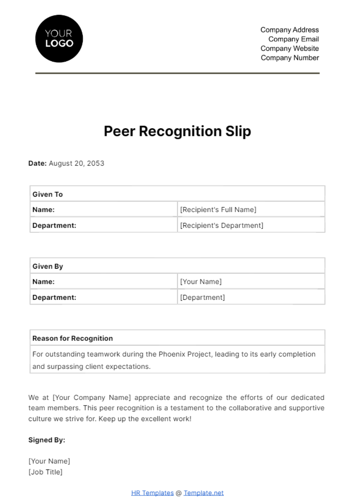 Peer Recognition Slip HR Template