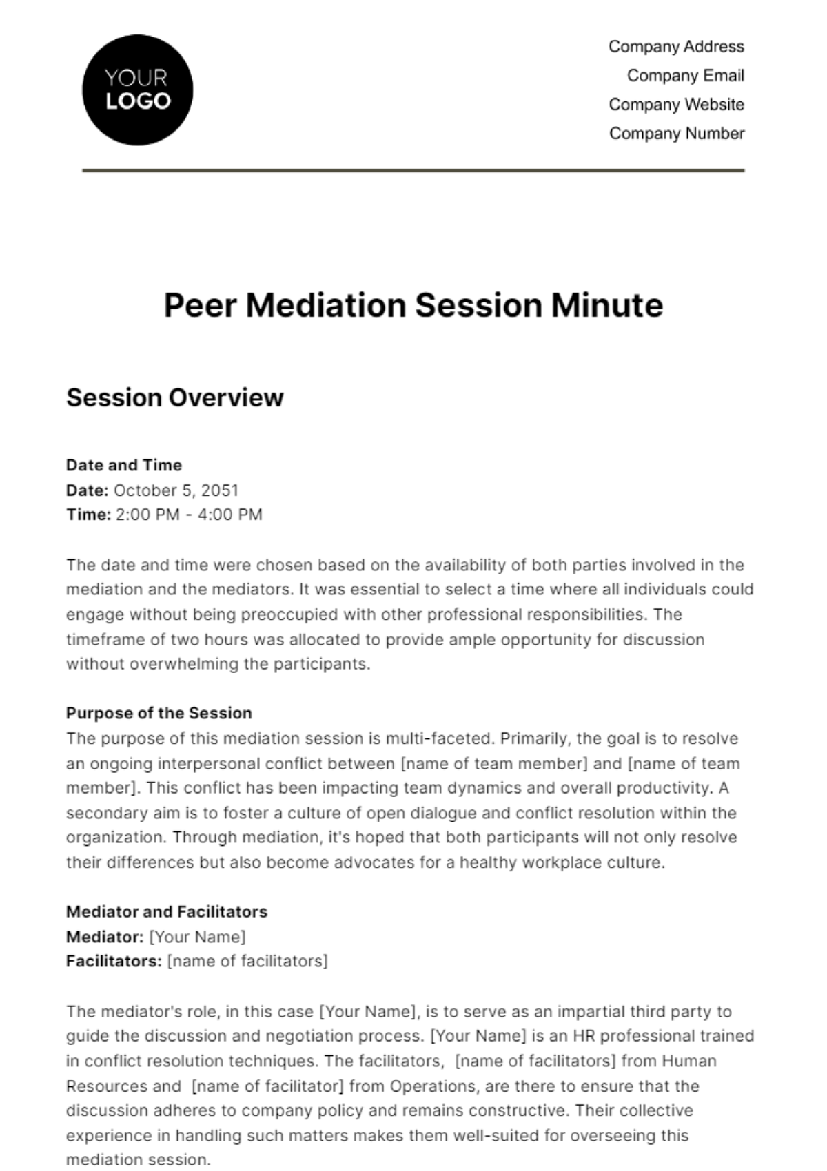Free Peer Mediation Session Minute HR Template