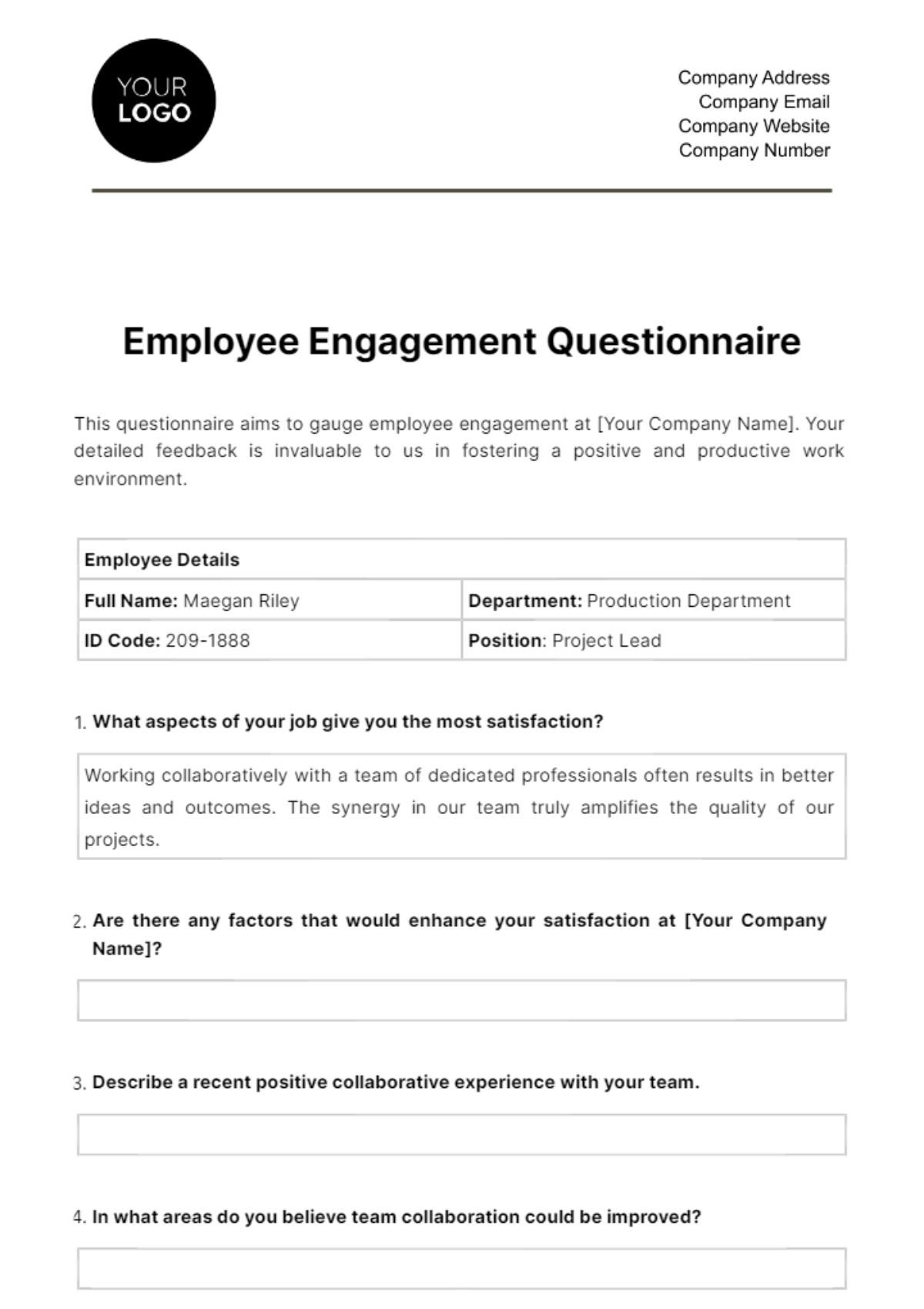 Employee Engagement Questionnaire HR Template