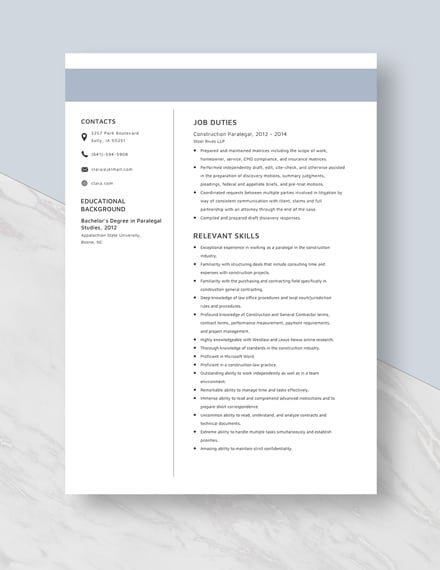 Construction Paralegal Resume Template