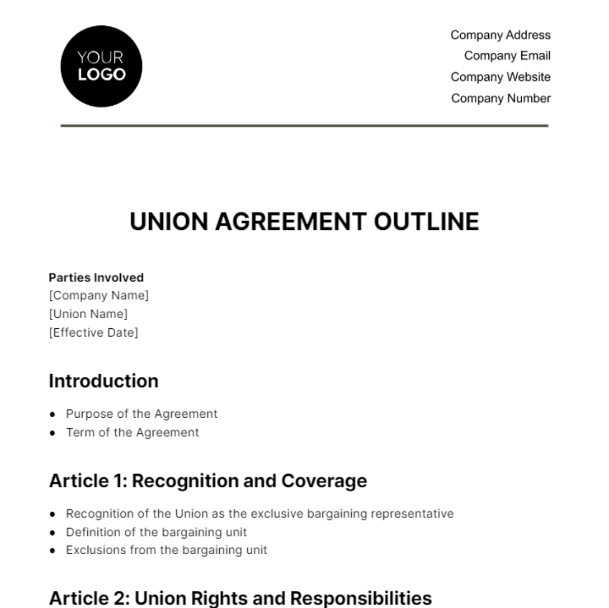 Free Union Agreement Outline HR Template