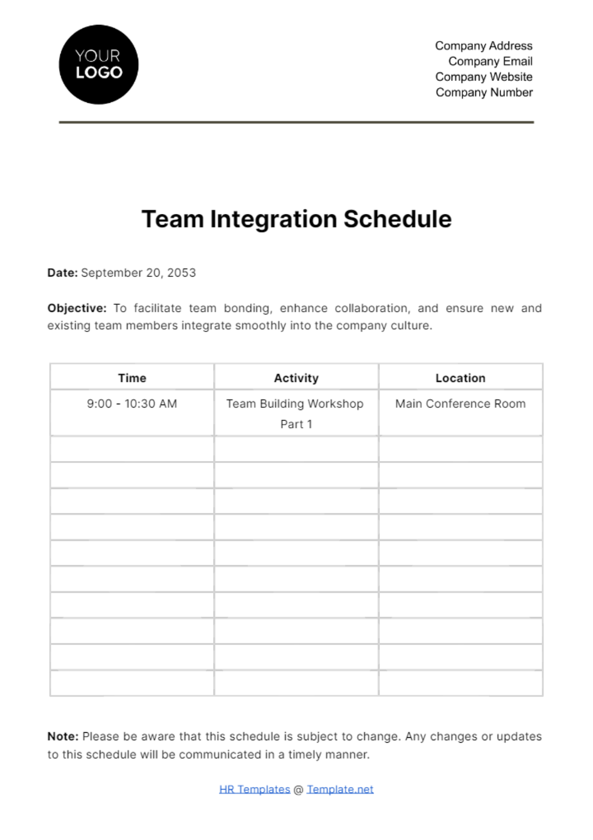 Team Integration Schedule HR Template
