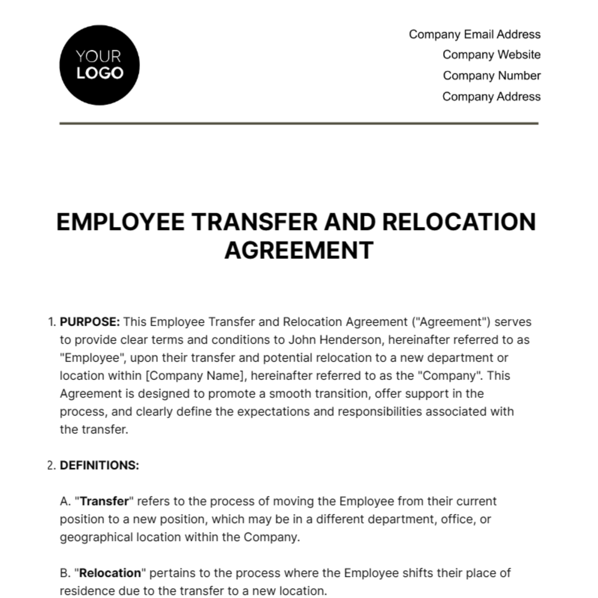 Employee Transfer And Relocation Agreement Hr Template Edit Online