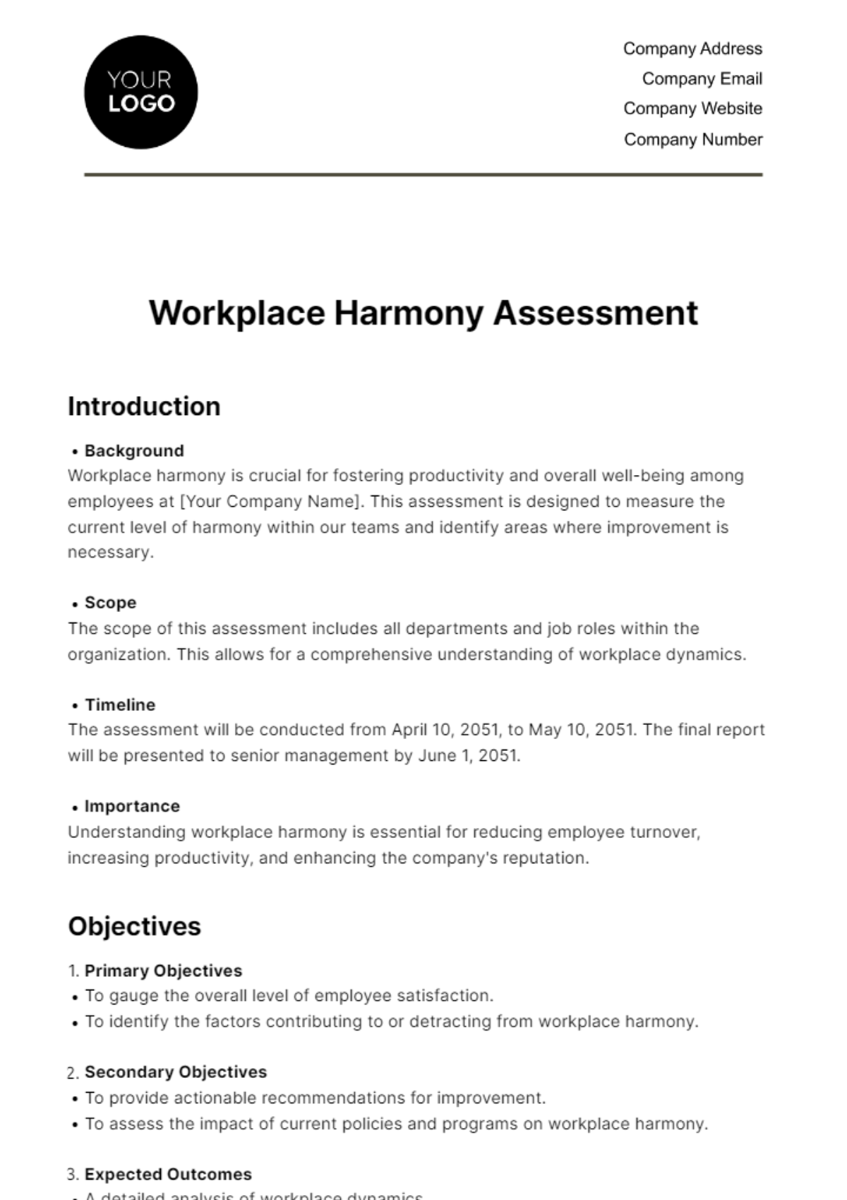 Workplace Harmony Assessment HR Template