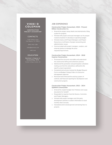 Construction Project Accountant Resume Template