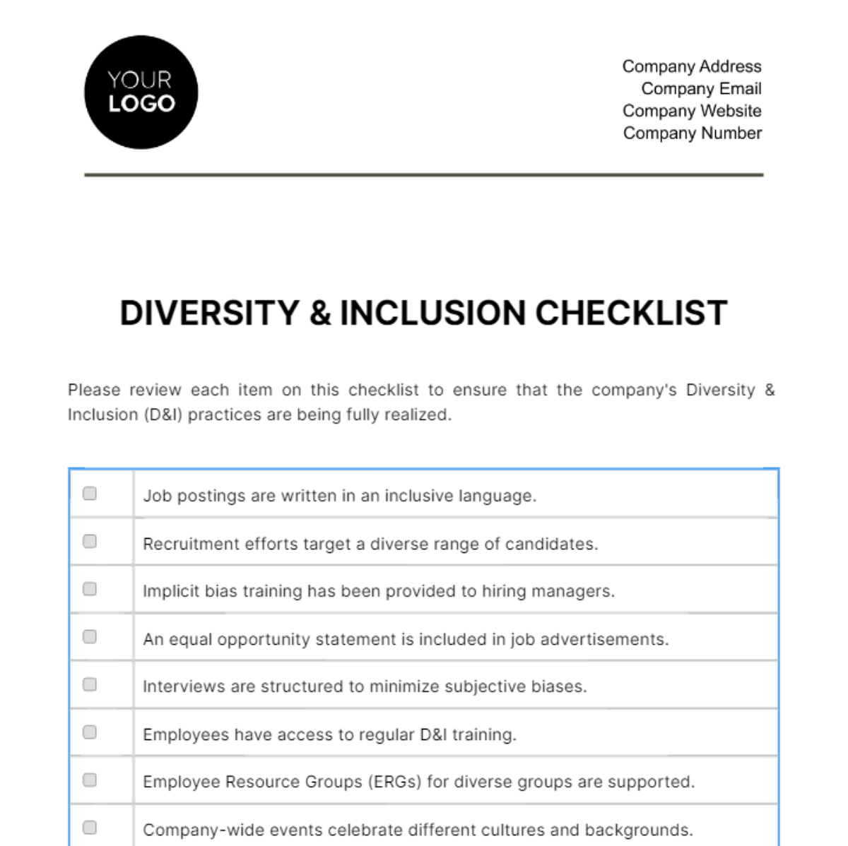 Diversity & Inclusion Checklist HR Template - Edit Online & Download ...