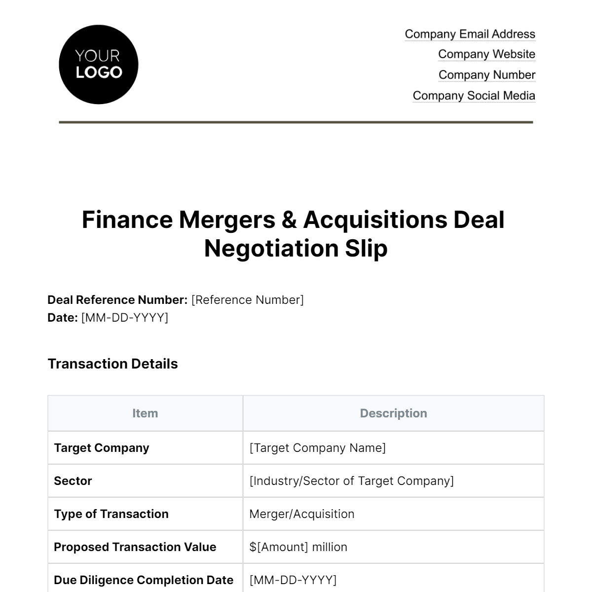 Finance Mergers & Acquisitions Deal Negotiation Slip Template