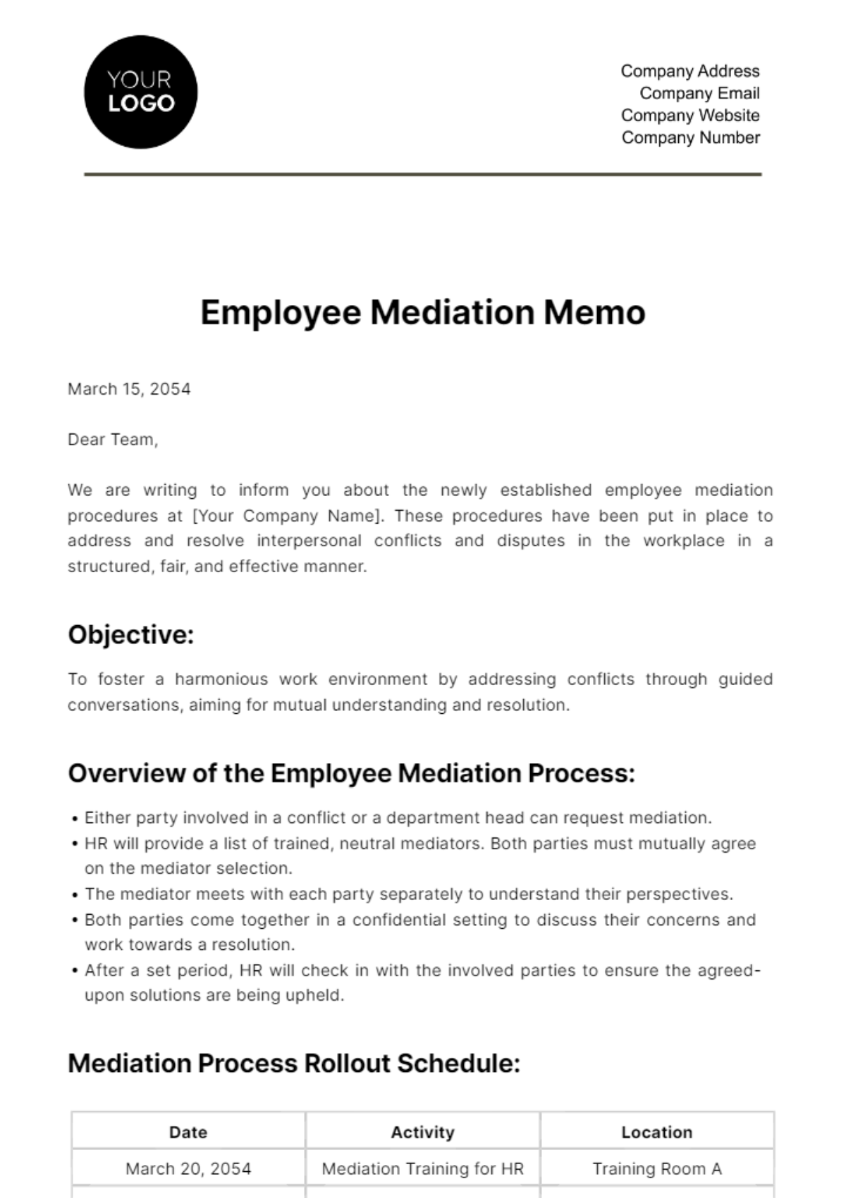 Employee Mediation Memo HR Template