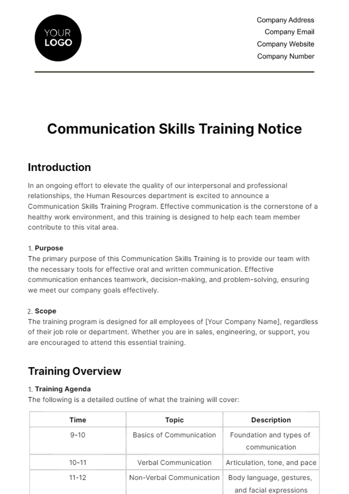 Free Communication Skills Training Notice HR Template