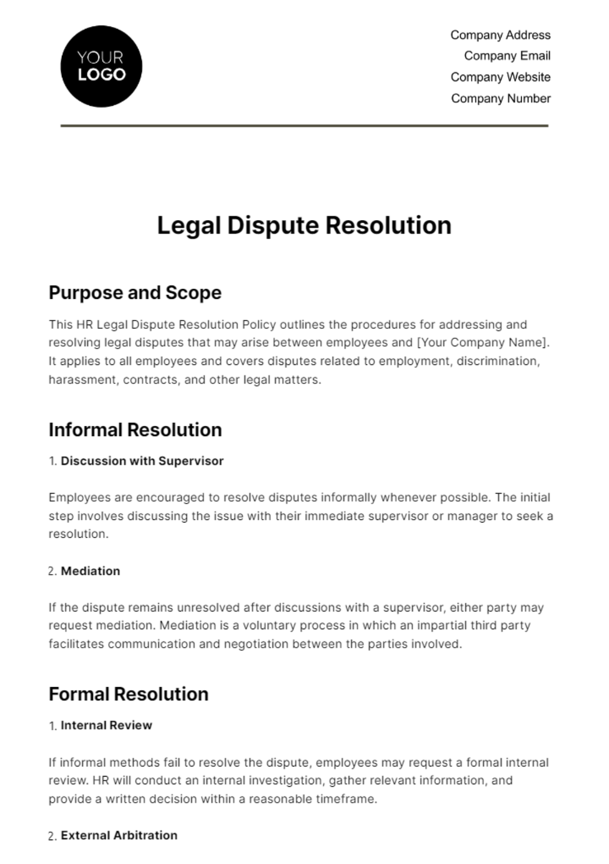 Legal Dispute Resolution HR Template