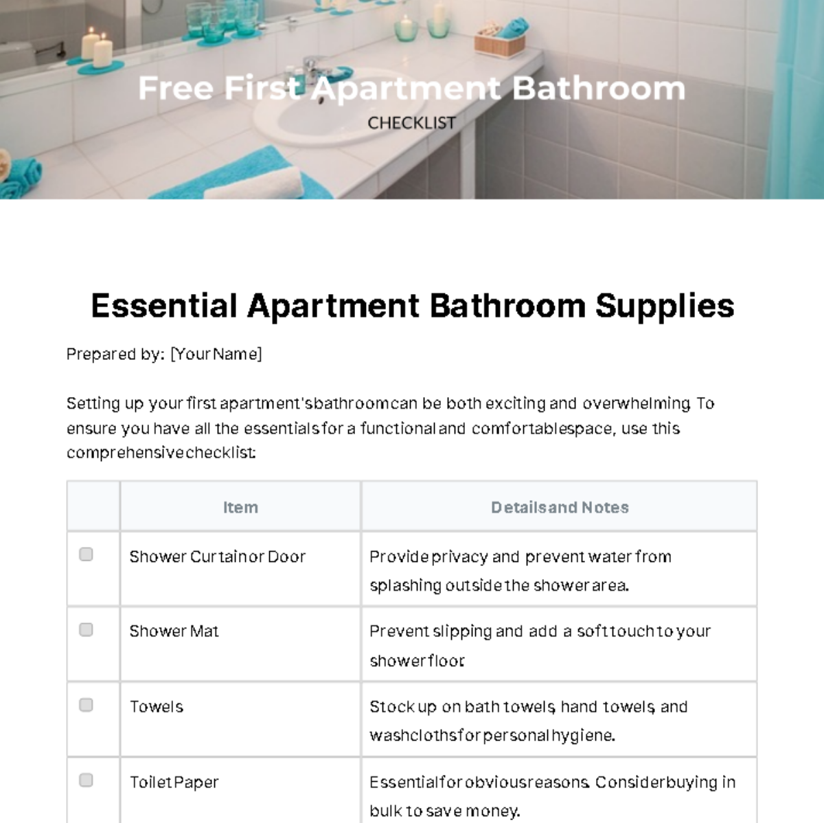 First Apartment Bathroom Checklist Template