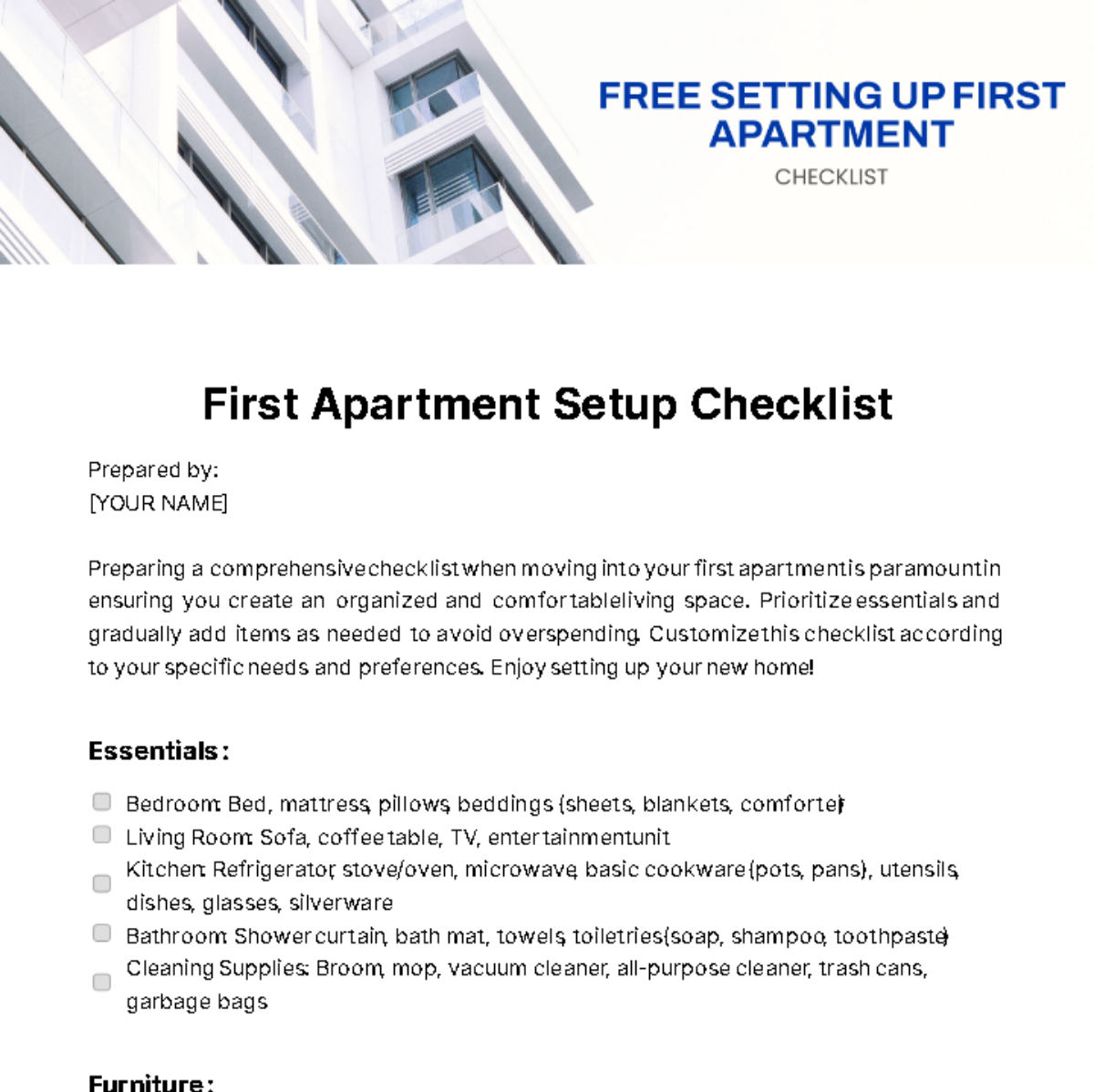 Free Setting Up First Apartment Checklist Template