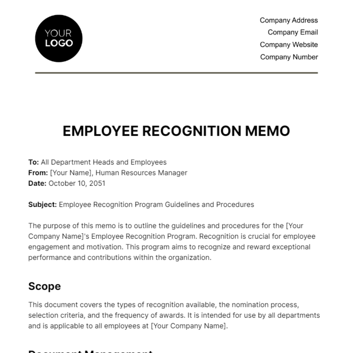 Employee Recognition Memo HR Template