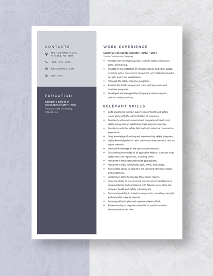 Construction Safety Director Resume Template