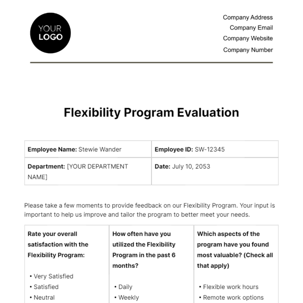 Flexibility Program Evaluation HR Template - Edit Online & Download