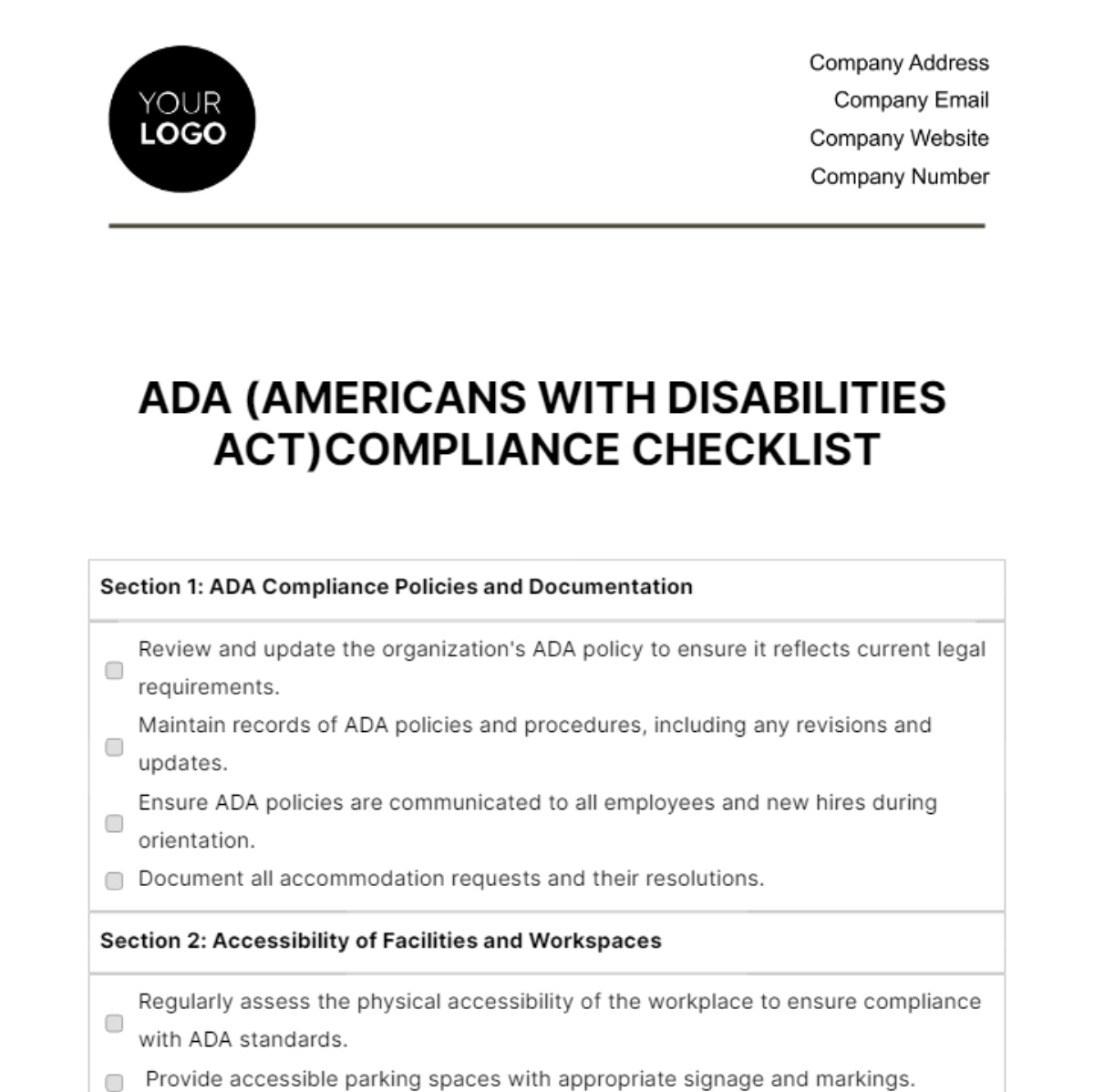 Free ADA (Americans with Disabilities Act) Compliance Checklist HR Template