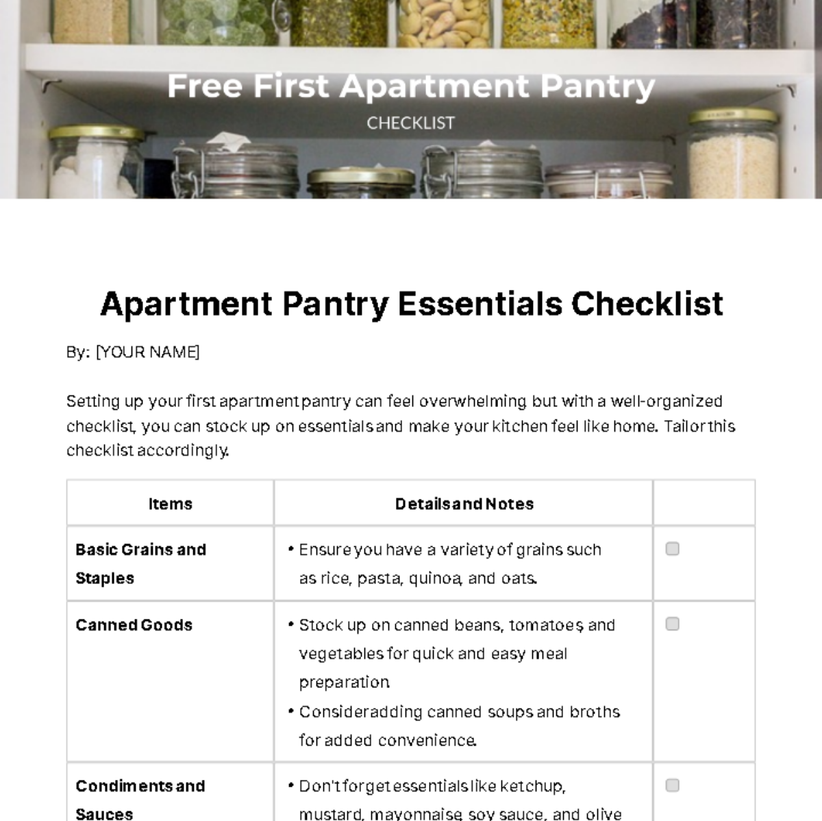 First Apartment Pantry Checklist Template