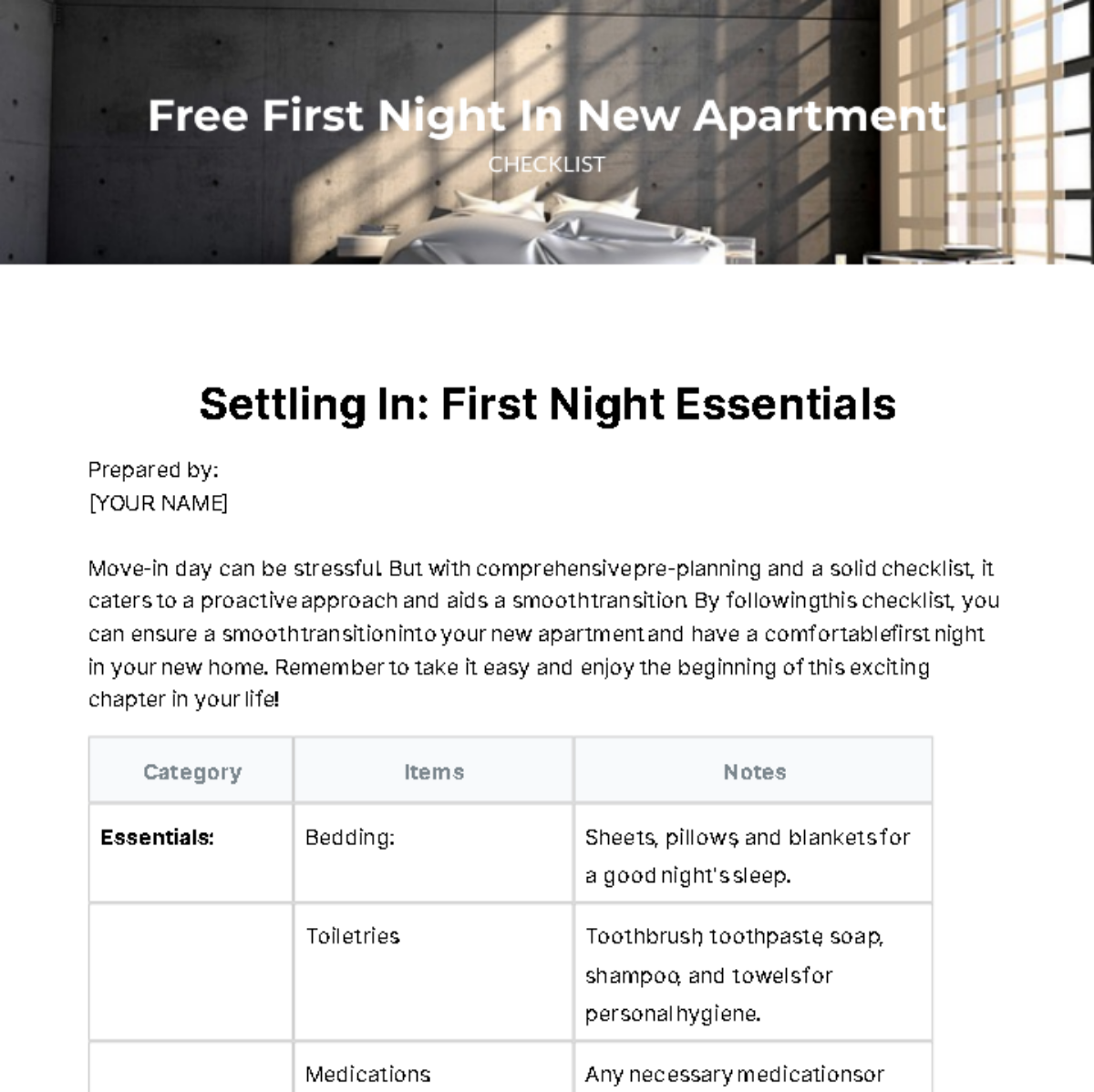 First Night In New Apartment Checklist Template