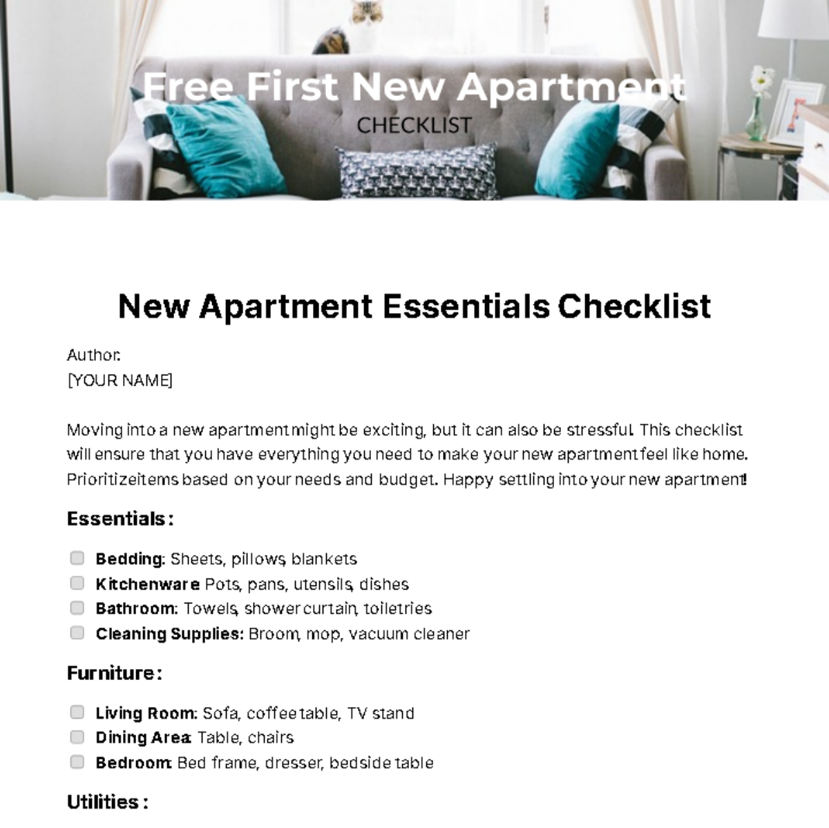First New Apartment Checklist Template