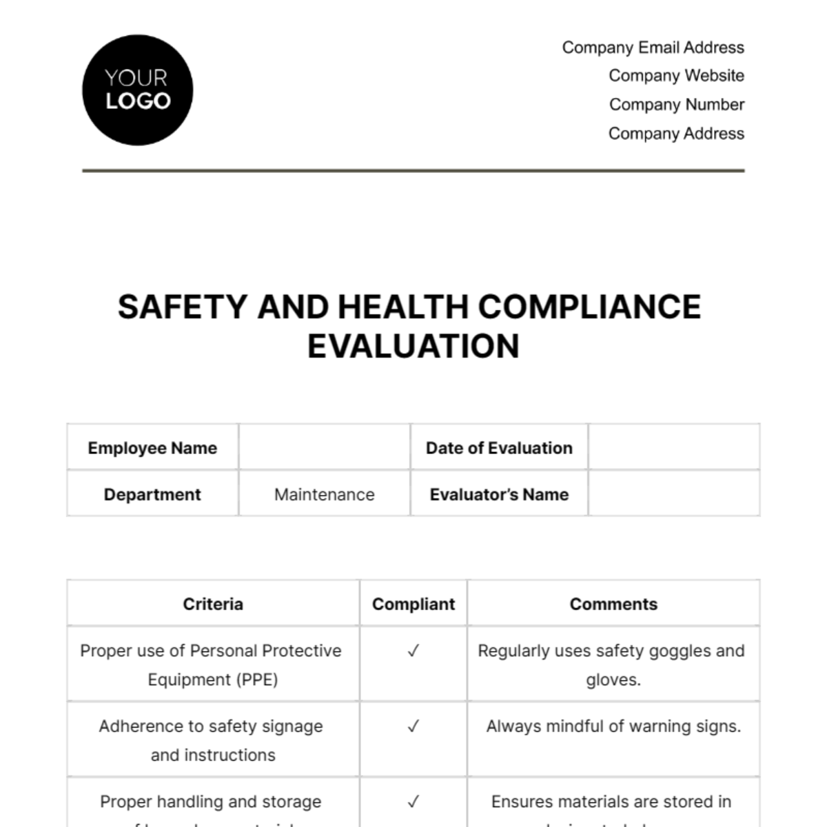 Safety and Health Compliance Evaluation HR Template