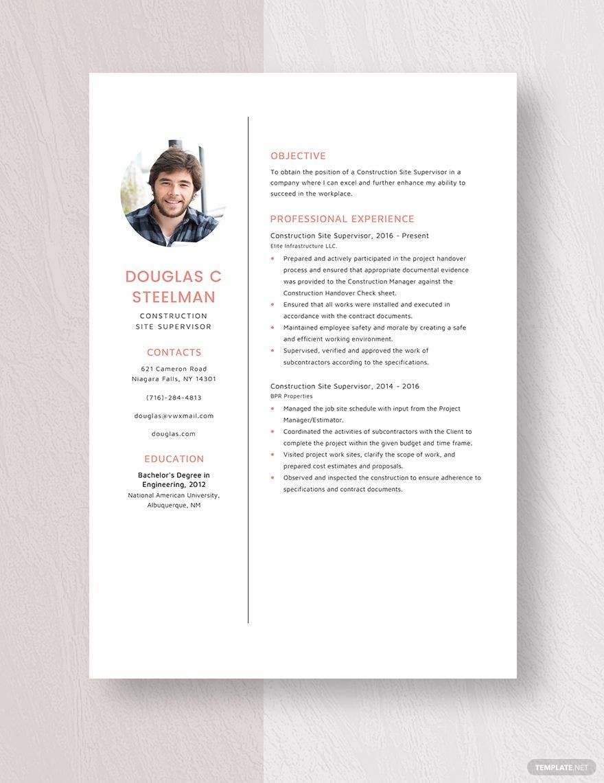 Construction Site Supervisor Resume Download In Word Apple Pages 