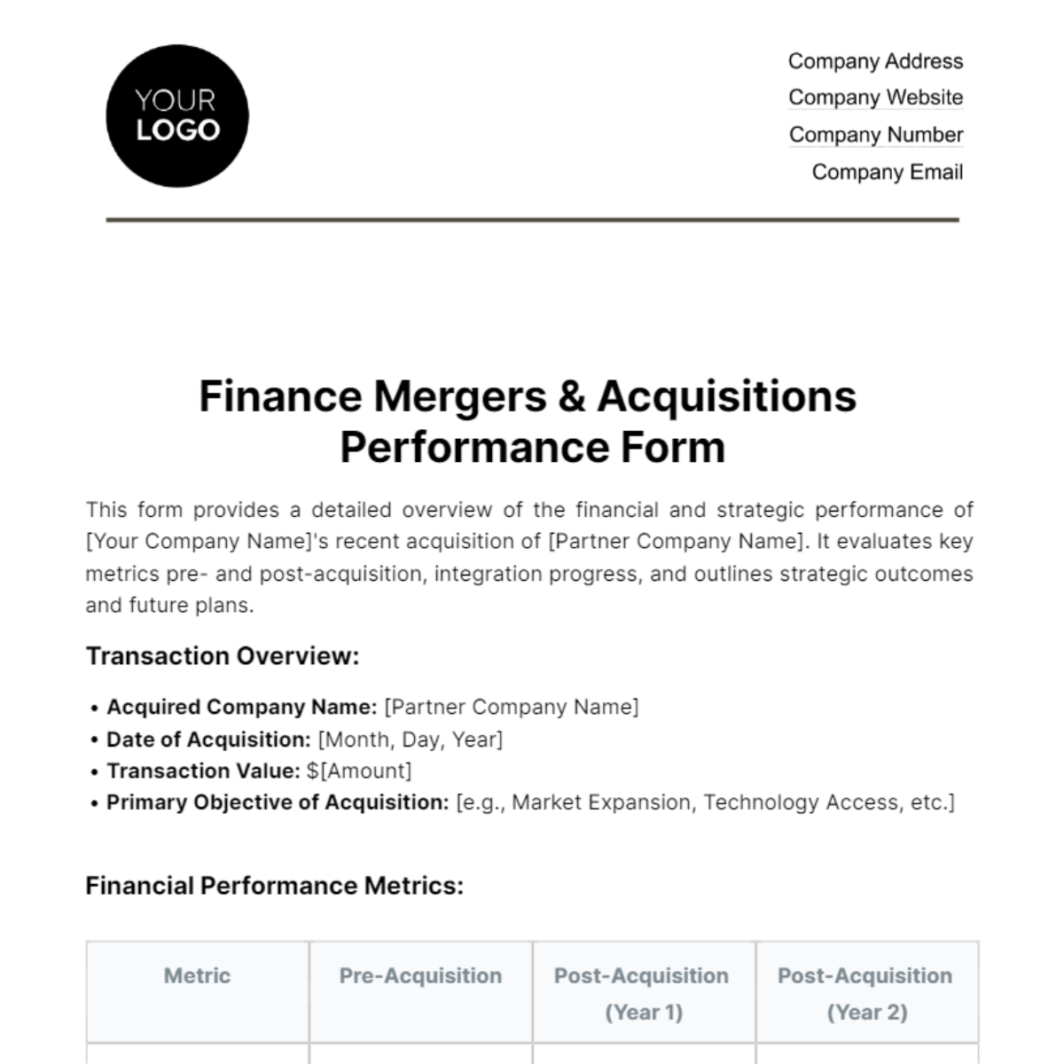 Free Finance Mergers & Acquisitions Performance Form Template