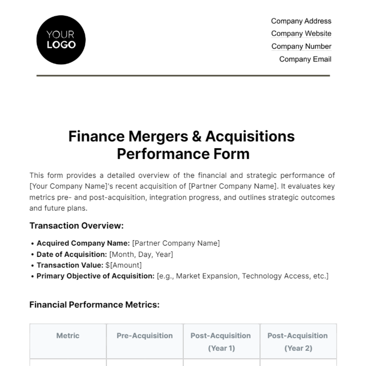 Finance Mergers & Acquisitions Performance Form Template - Edit Online & Download