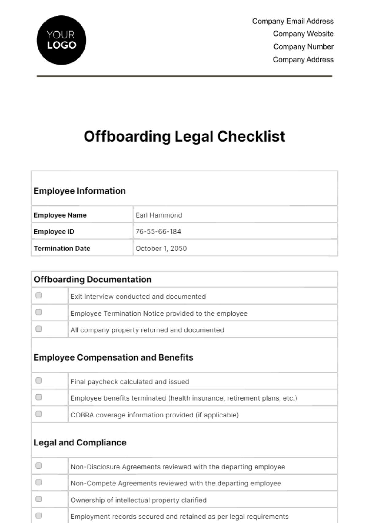 Offboarding Legal Checklist HR Template
