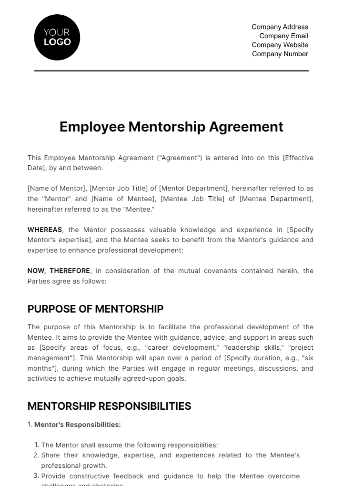 Employee Mentorship Agreement HR Template