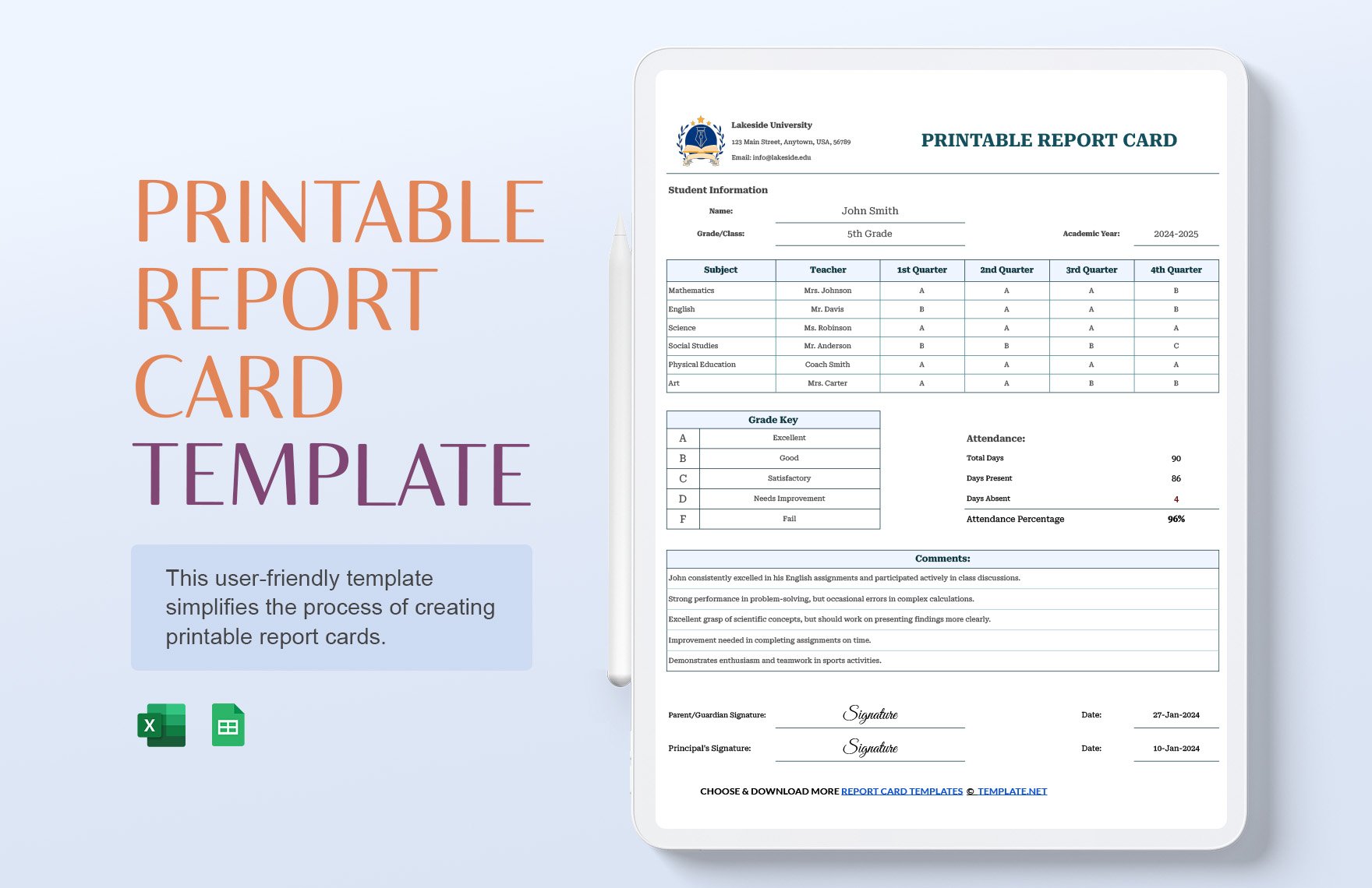 Free Printable Report Card Template in Excel, Google Sheets