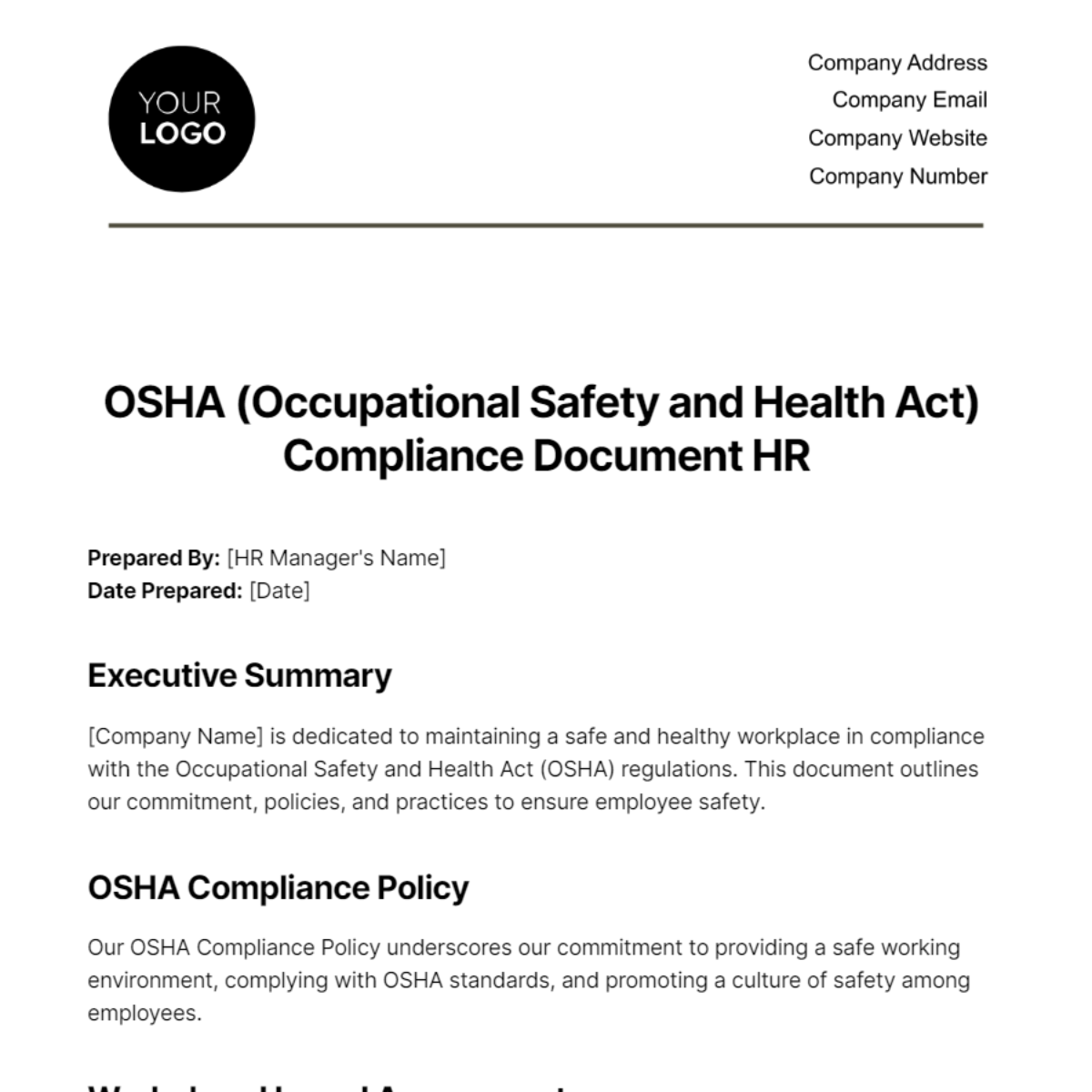 OSHA (Occupational Safety and Health Act) Compliance Document HR Template