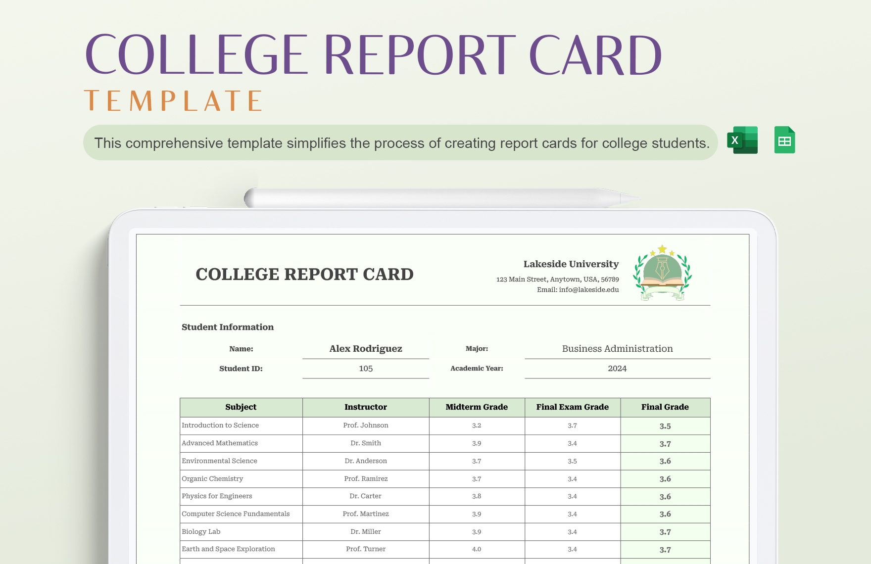 College Report Card Template