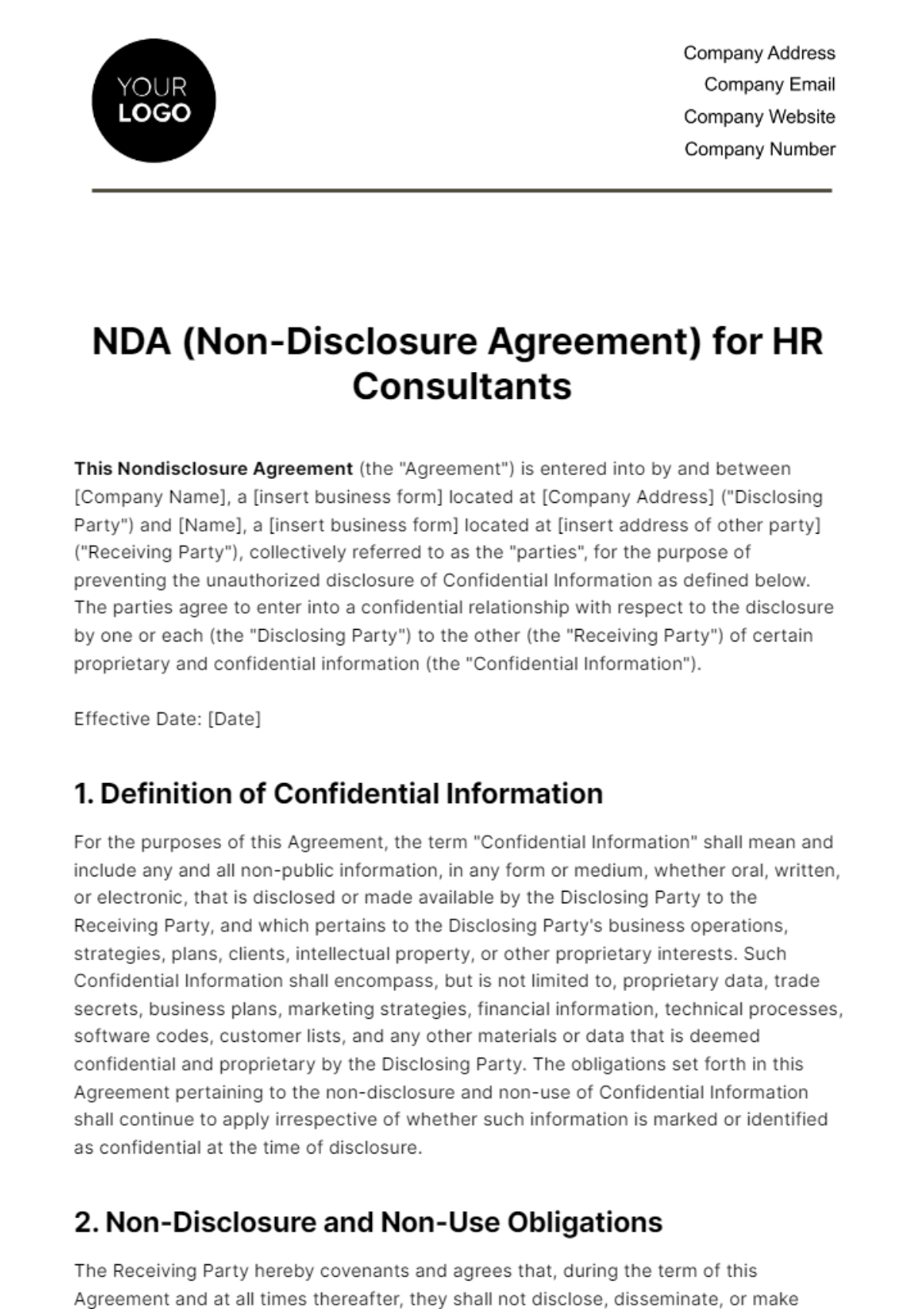 NDA (Non-Disclosure Agreement) for HR Consultants Template