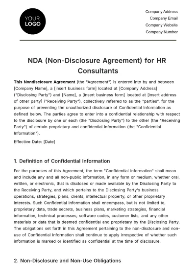 Free NDA (Non-Disclosure Agreement) for HR Consultants Template to Edit Online