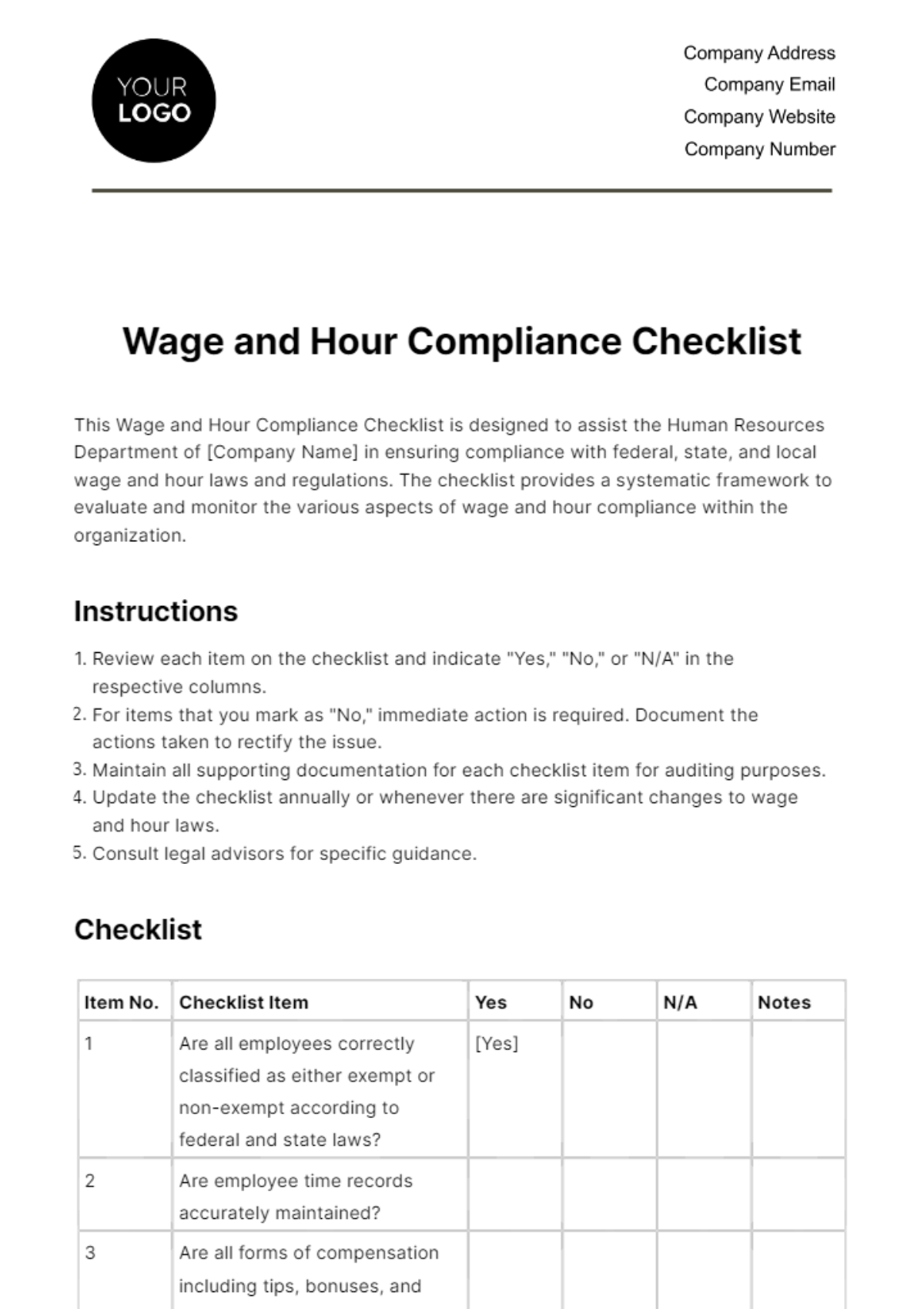 Wage and Hour Compliance Checklist HR Template