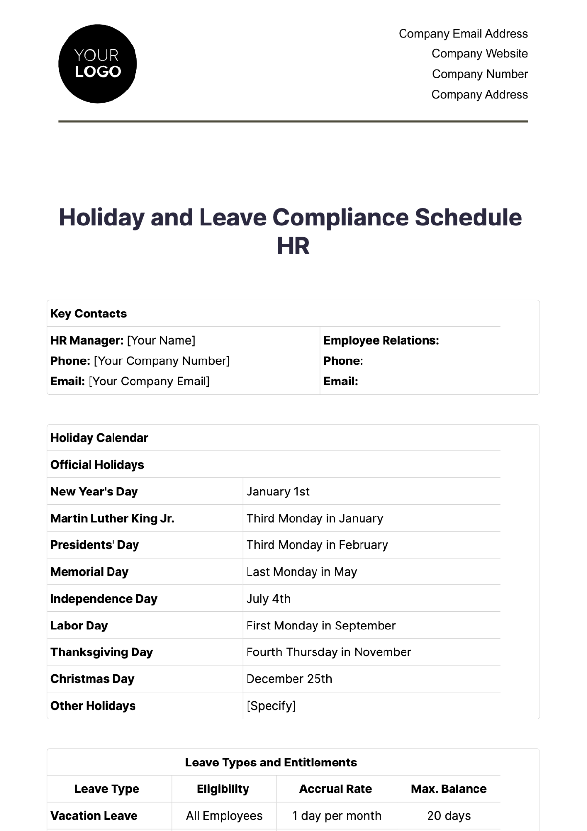 Holiday and Leave Compliance Schedule HR Template - Edit Online & Download