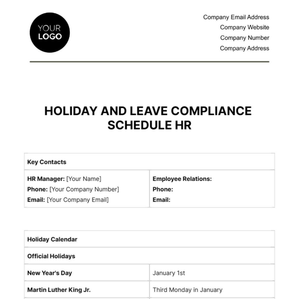Holiday and Leave Compliance Schedule HR Template