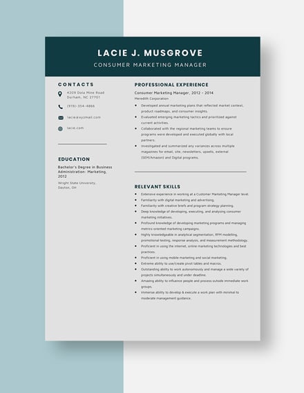 Consumer Marketing Manager Resume Template