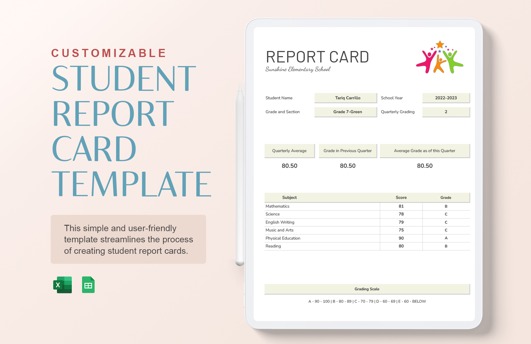 Customizable Student Report Card Template in Excel, Google Sheets