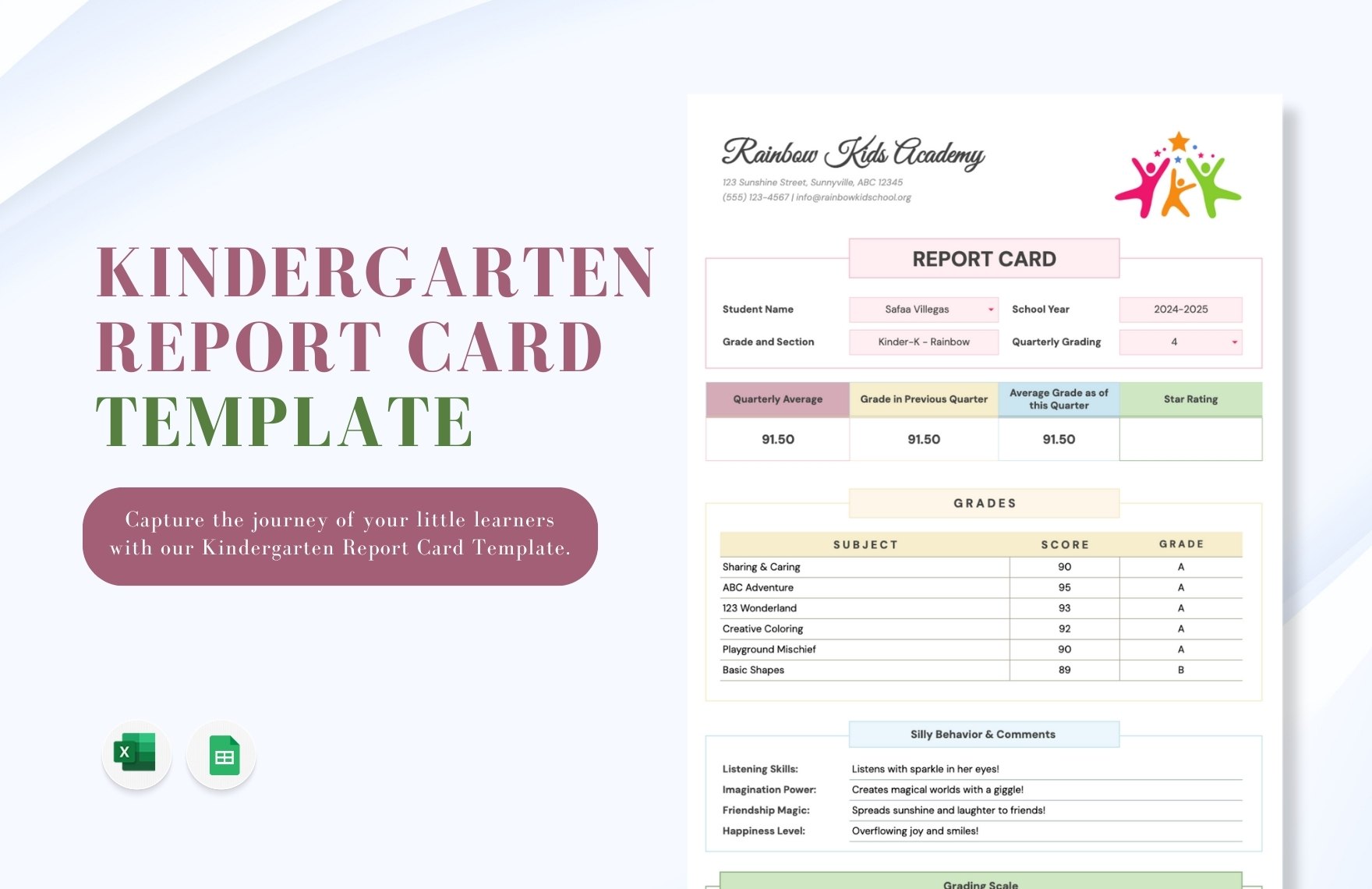 Kindergarten Report Card Template in Excel, Google Sheets