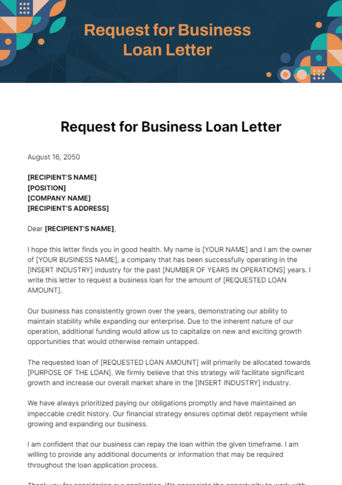 Free Request for Business Loan Letter Template