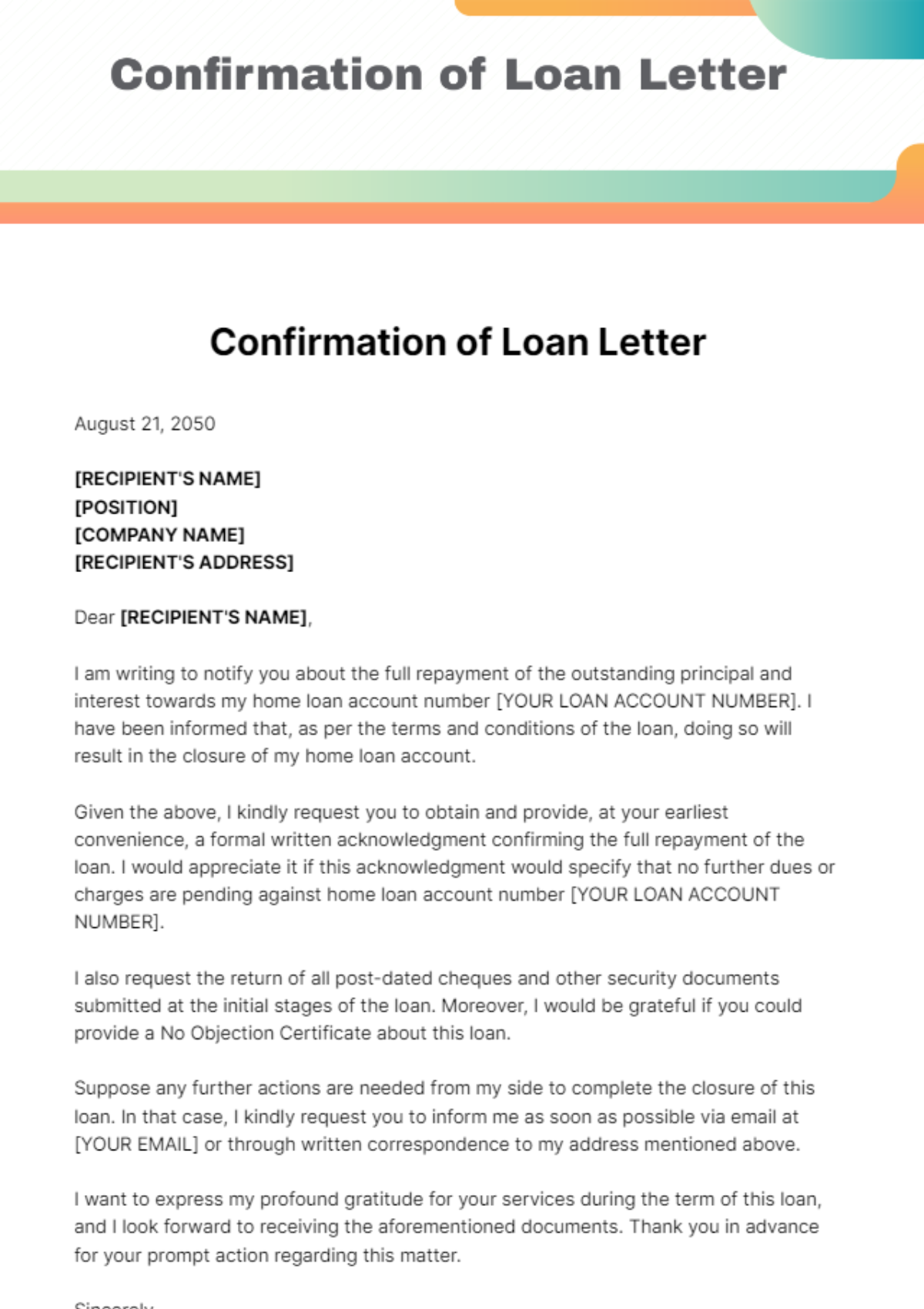 Free Confirmation of Loan Letter Template