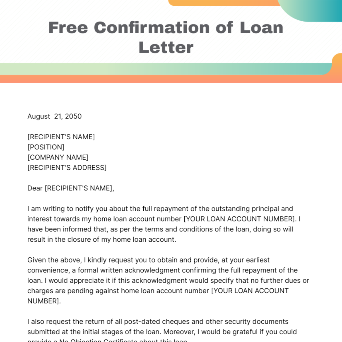 Confirmation of Loan Letter Template