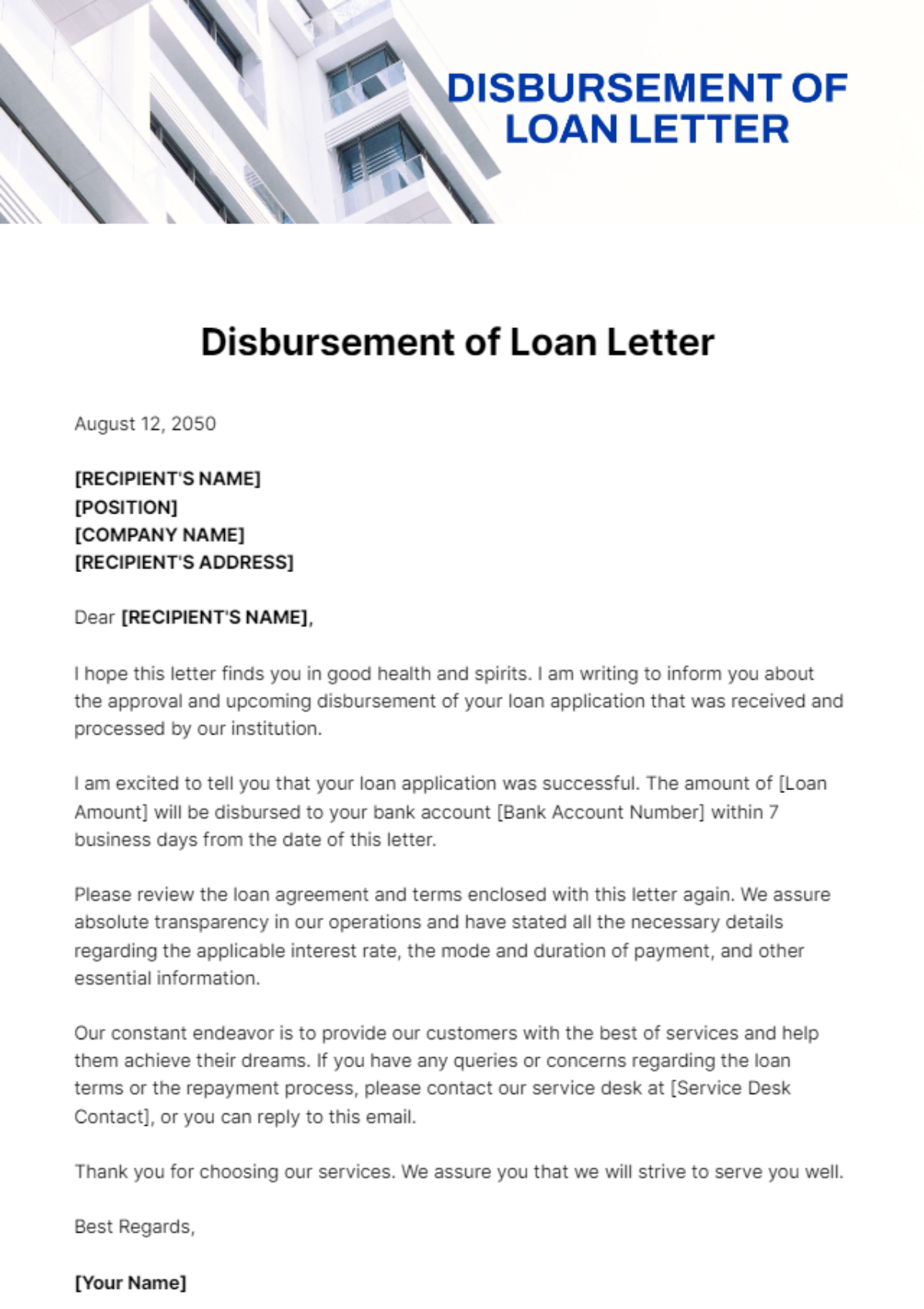 Free Disbursement of Loan Letter Template