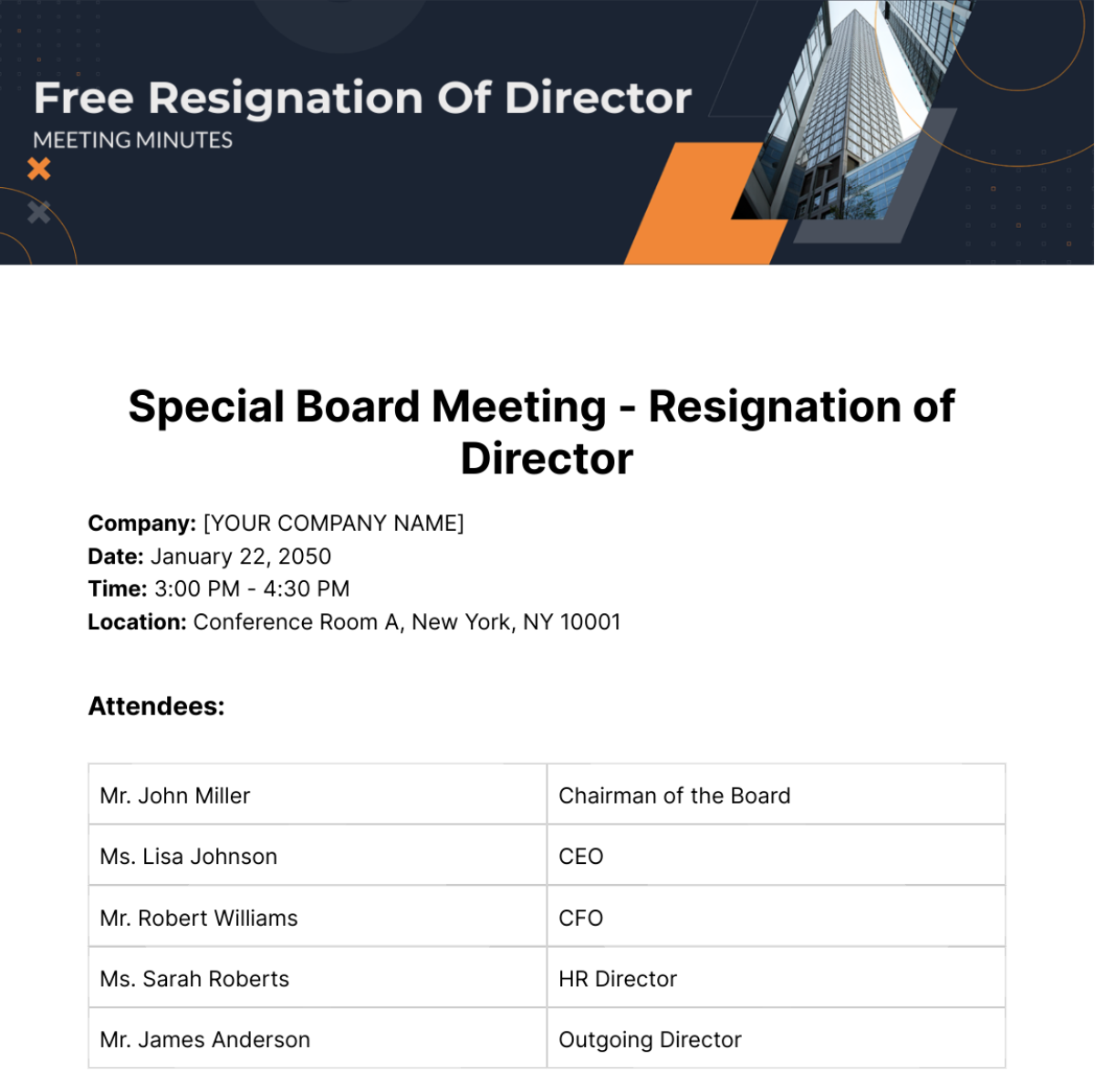 Minutes Of Meeting Resignation Of Director Template