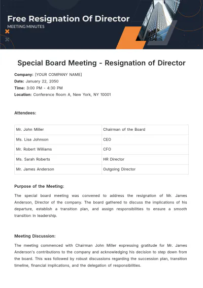 Free Minutes Of Meeting Resignation Of Director Template to Edit Online