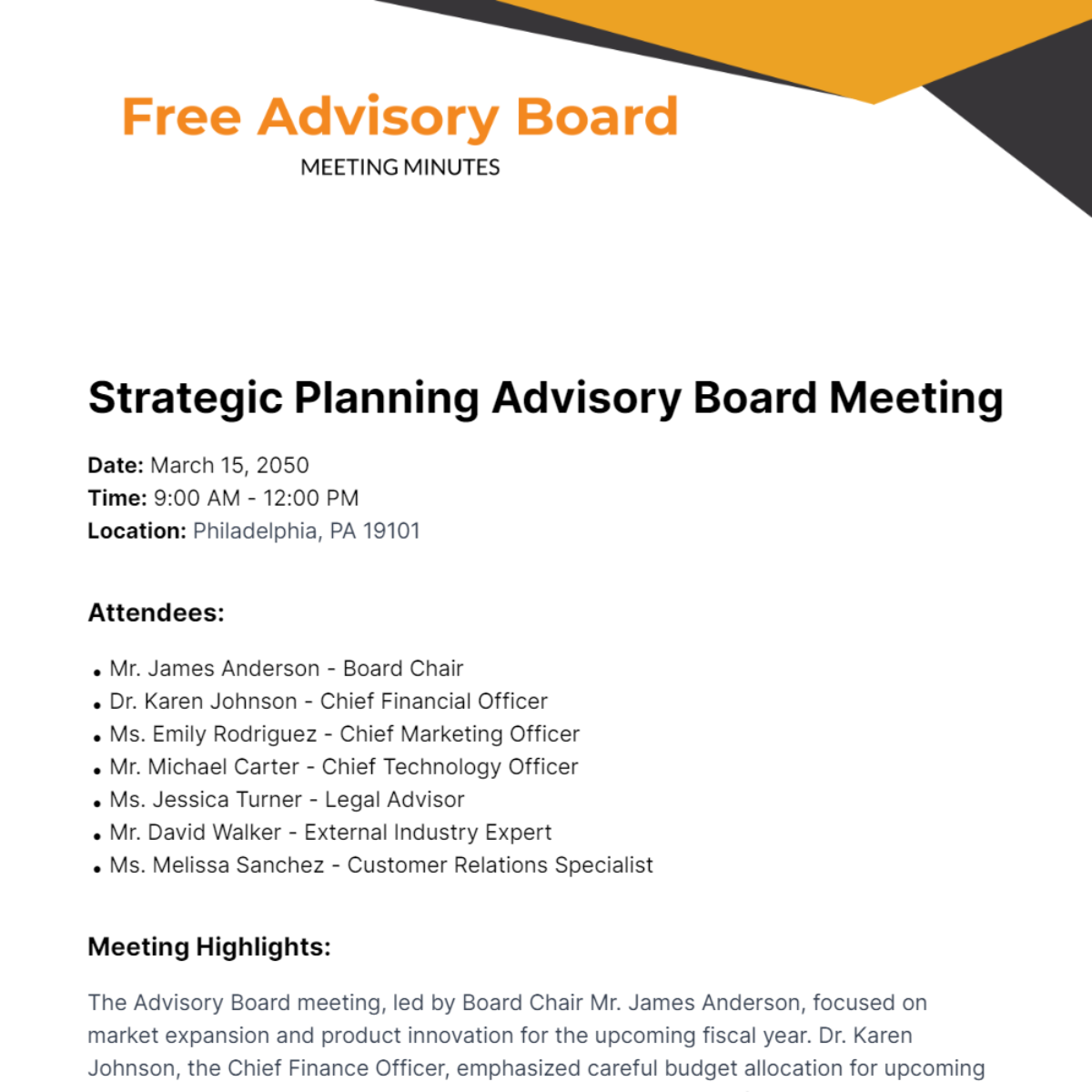Advisory Board Meeting Minutes Template