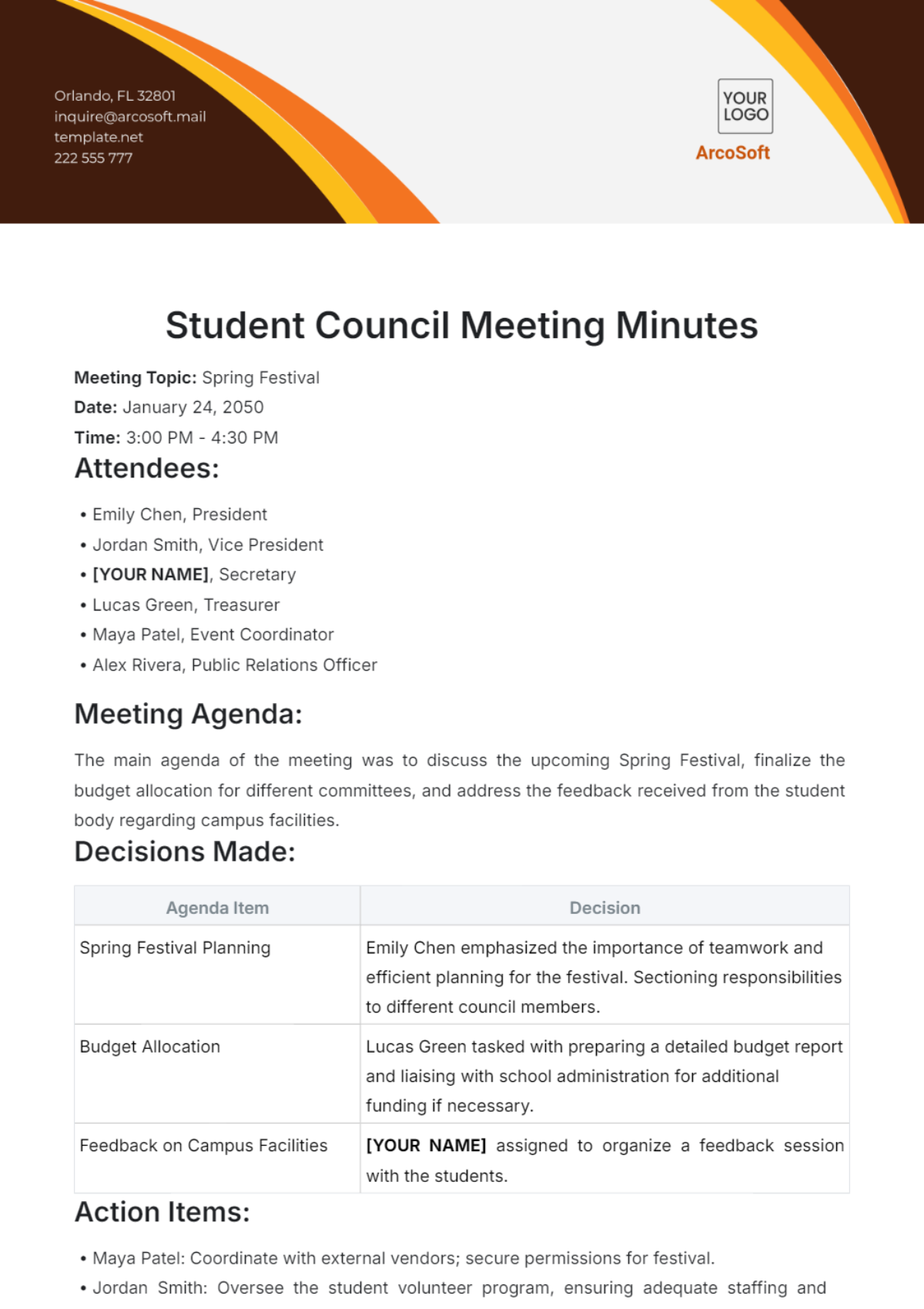 Student Council Meeting Minutes Template