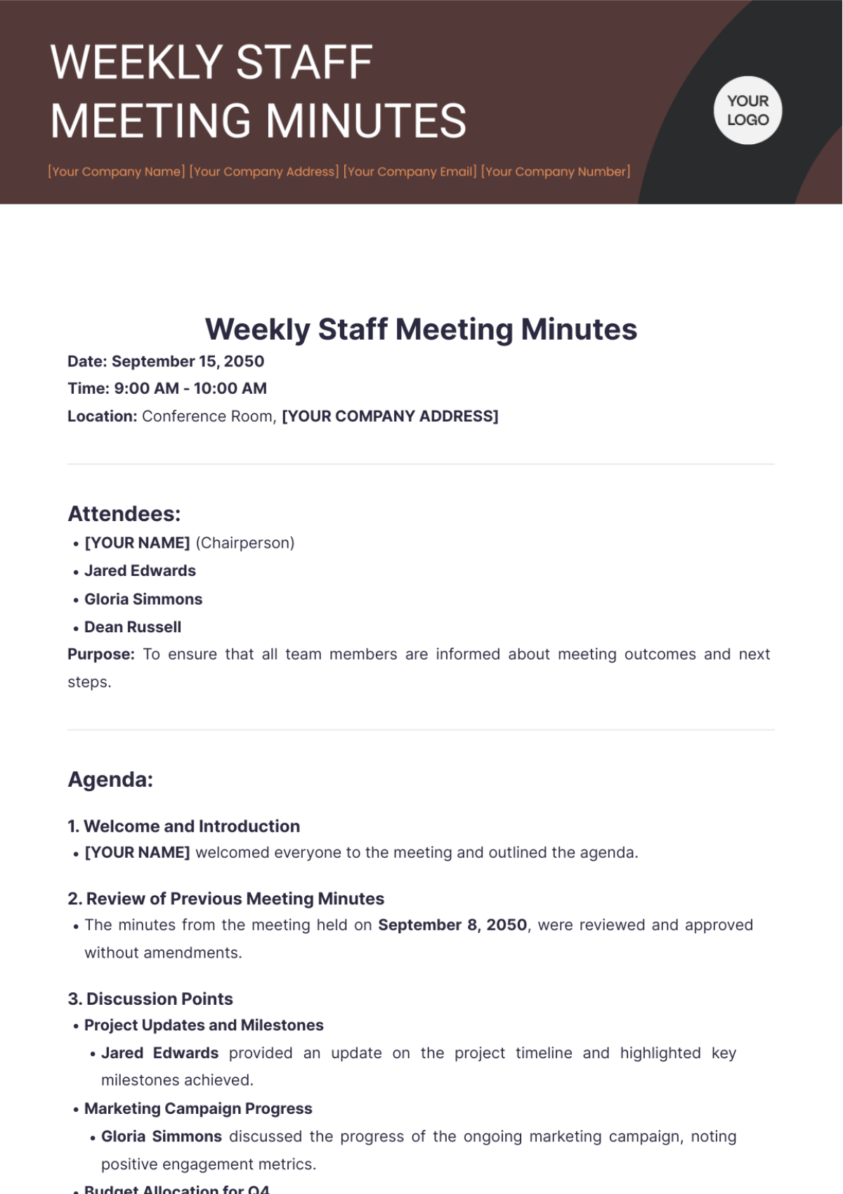 Weekly Staff Meeting Minutes Template - Edit Online & Download