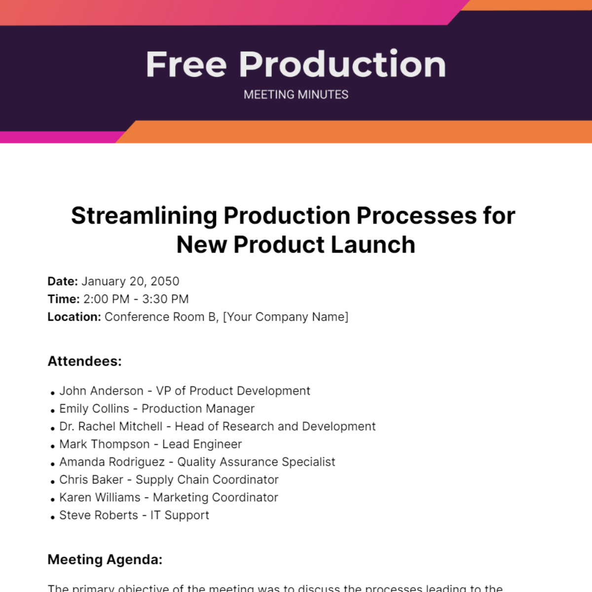 Production Meeting Minutes Template